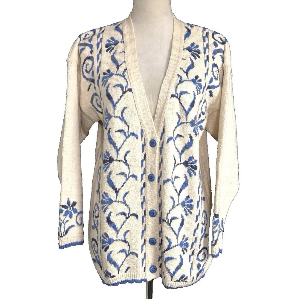 Cream and Blue Floral Knit Cardigan Sweater
